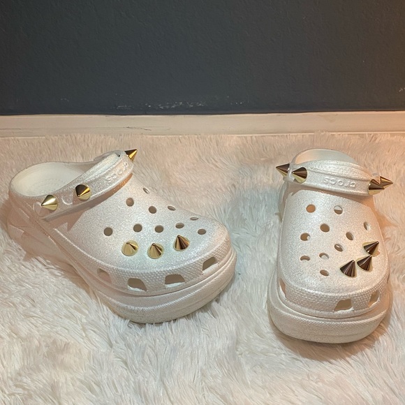 White Crocs Bae Glitter Stud Clog Classic Platform Iridescent